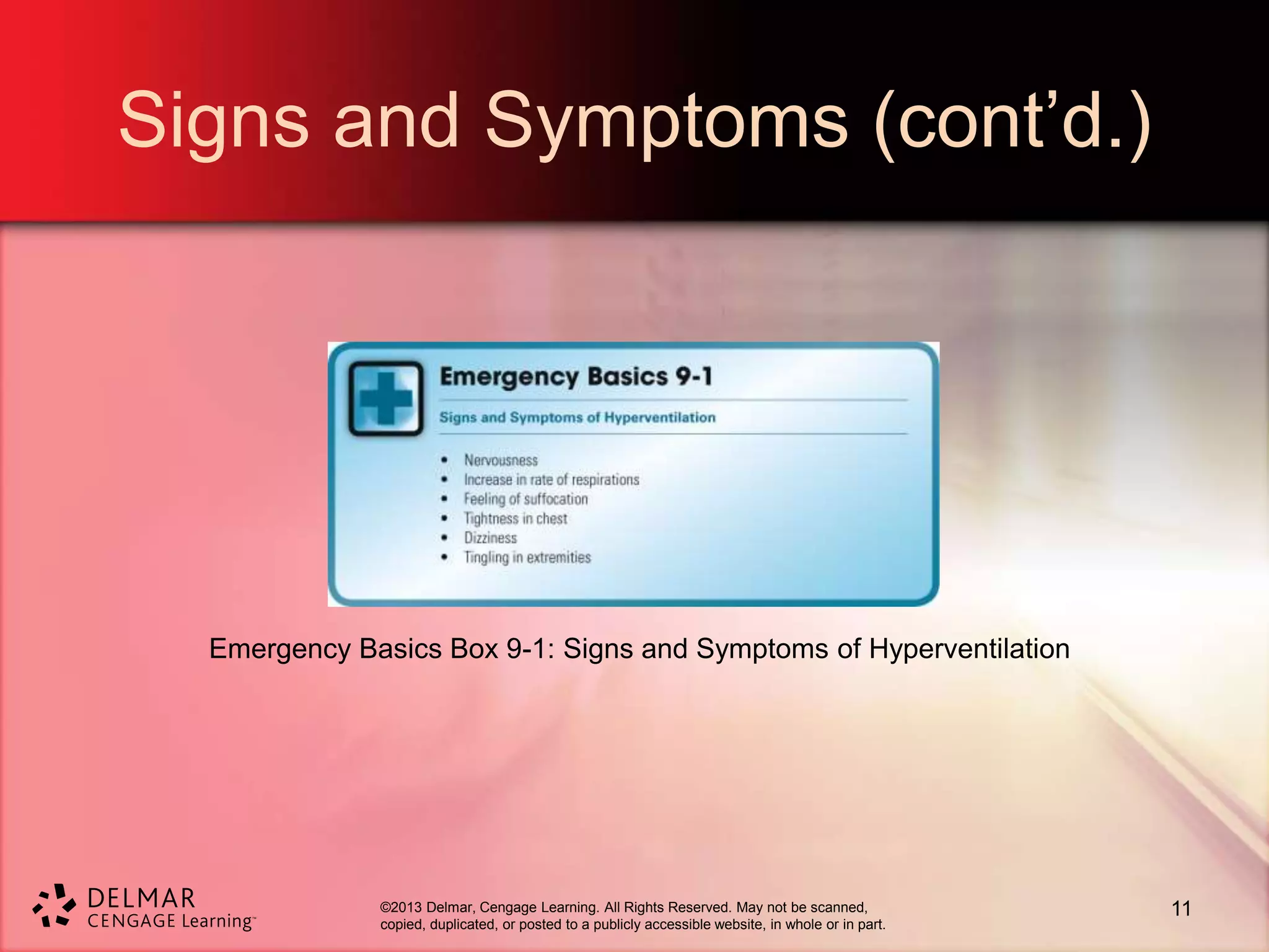 ©2013 Delmar, Cengage Learning. All Rights Reserved. May not be scanned,
copied, duplicated, or posted to a publicly accessible website, in whole or in part.
Signs and Symptoms (cont’d.)
Emergency Basics Box 9-1: Signs and Symptoms of Hyperventilation
11
 