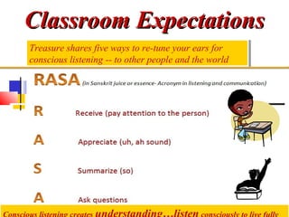 CCllaassssrroooomm EExxppeeccttaattiioonnss 
Treasure shares five ways to re-tune your ears for 
conscious listening -- to other people and the world 
Treasure shares five ways to re-tune your ears for 
conscious listening -- to other people and the world 
CCoonnssccioiouuss l ilsistetenniningg c crreeaatetess u unnddeerrssttaannddiinngg……lliisstteenn c coonnssccioiouusslyly t oto l ilvivee f fuulllyly 
 