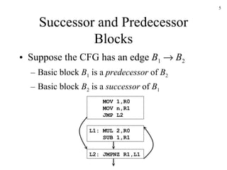 Successor and Predecessor Blocks Suppose the CFG has an edge  B 1      B 2 Basic block  B 1  is a  predecessor  of  B 2   Basic block  B 2  is a  successor  of  B 1 MOV 1,R0   MOV n,R1   JMP L2 L1: MUL 2,R0   SUB 1,R1 L2: JMPNZ R1,L1 