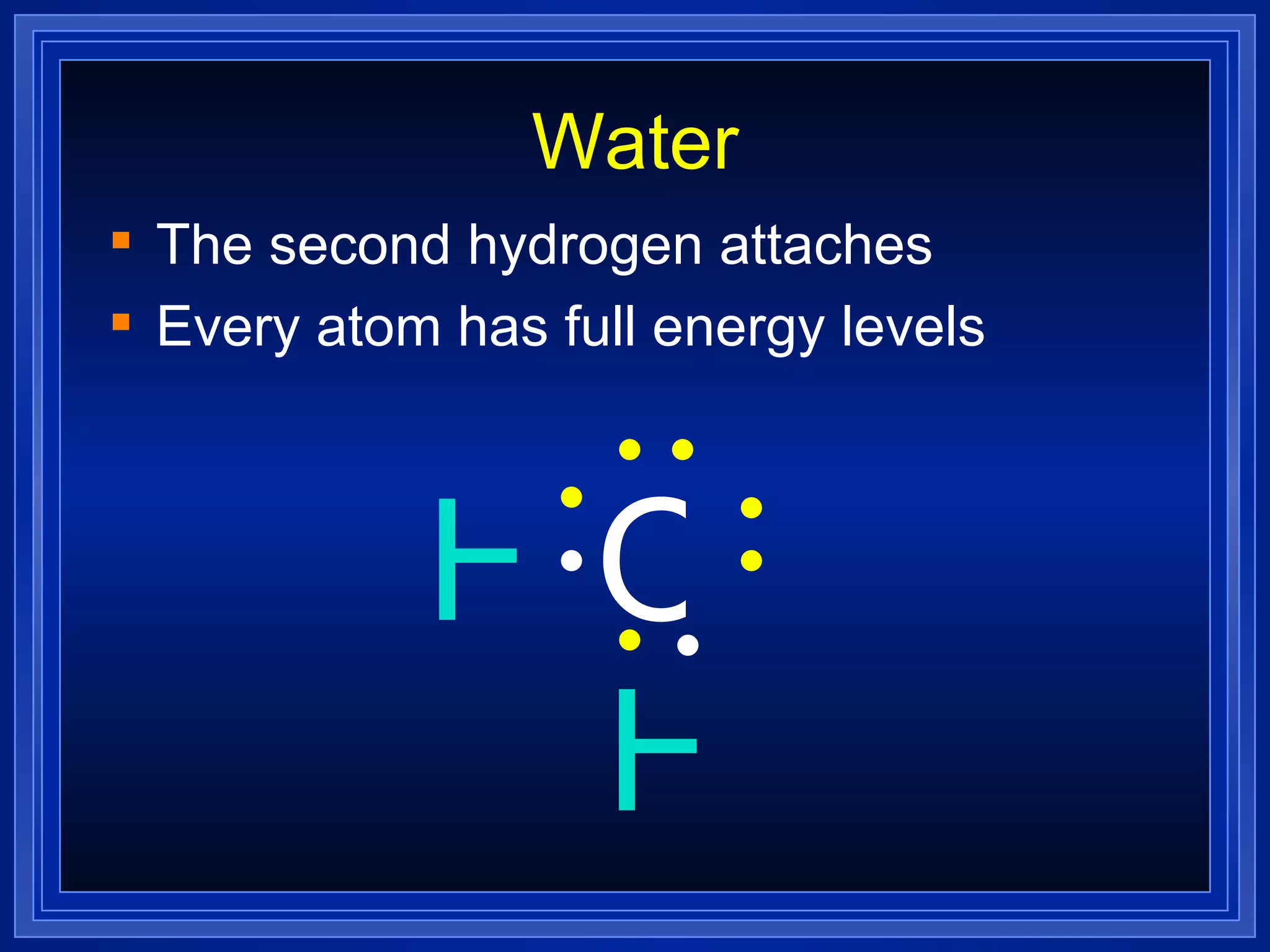 Water The second hydrogen attaches Every atom has full energy levels H H O 