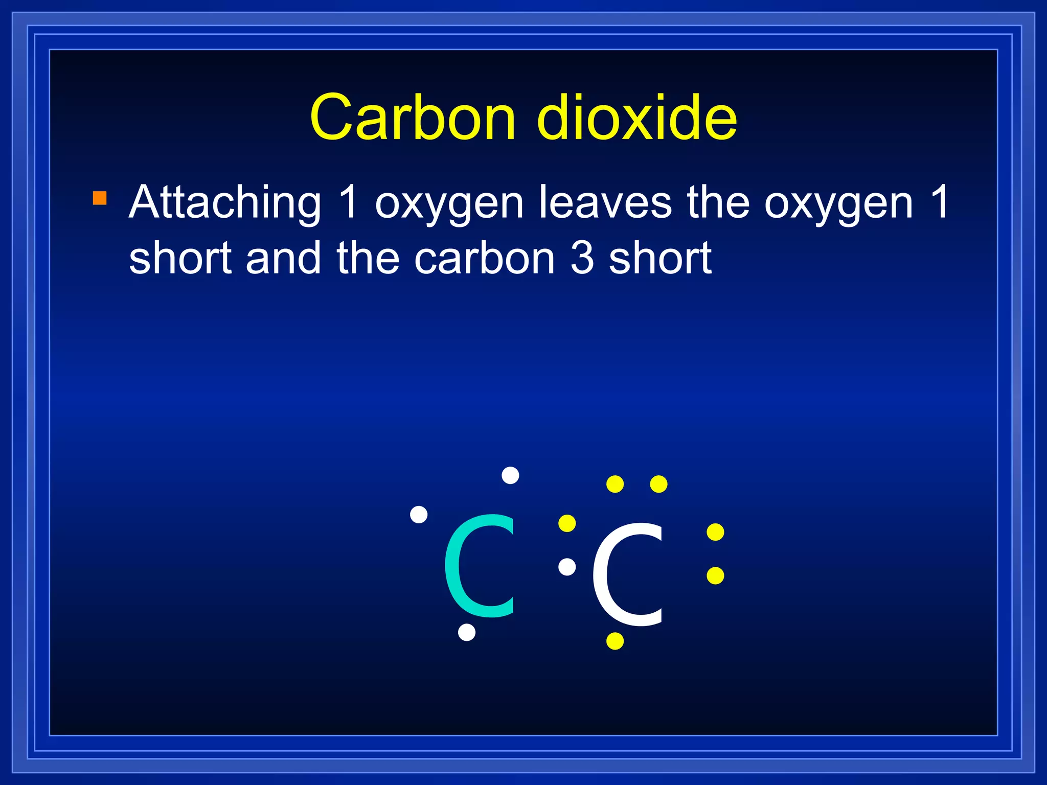 Carbon dioxide Attaching 1 oxygen leaves the oxygen 1 short and the carbon 3 short C O 
