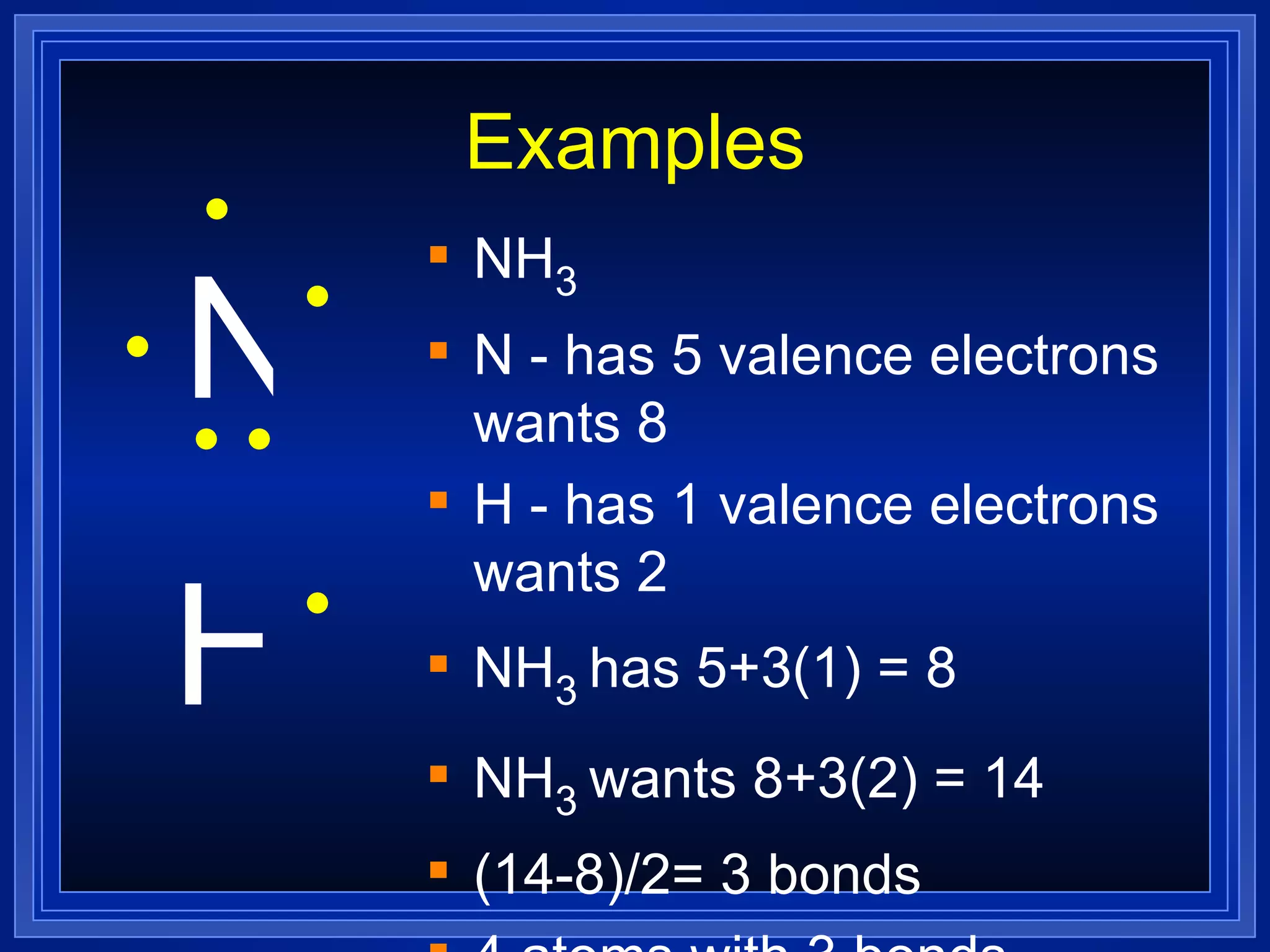 Examples NH 3   N - has 5 valence electrons wants 8 H - has 1 valence electrons wants 2 NH 3  has 5+3(1) = 8 NH 3  wants 8+3(2) = 14 (14-8)/2= 3 bonds 4 atoms with 3 bonds N H 