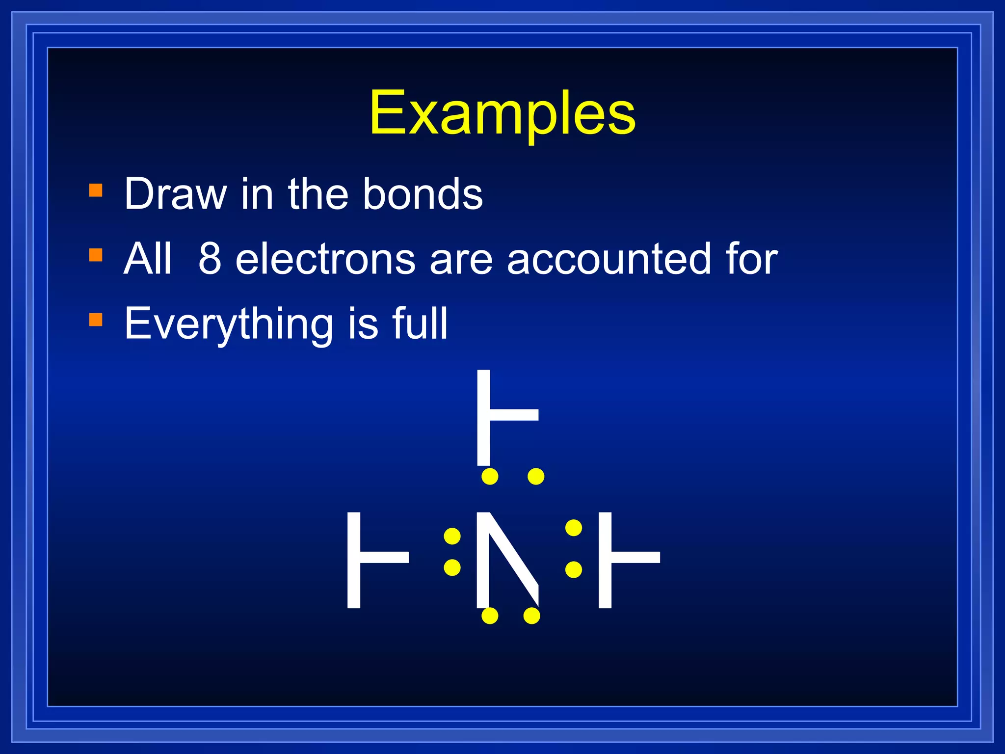 Examples Draw in the bonds All  8 electrons are accounted for Everything is full N H H H 