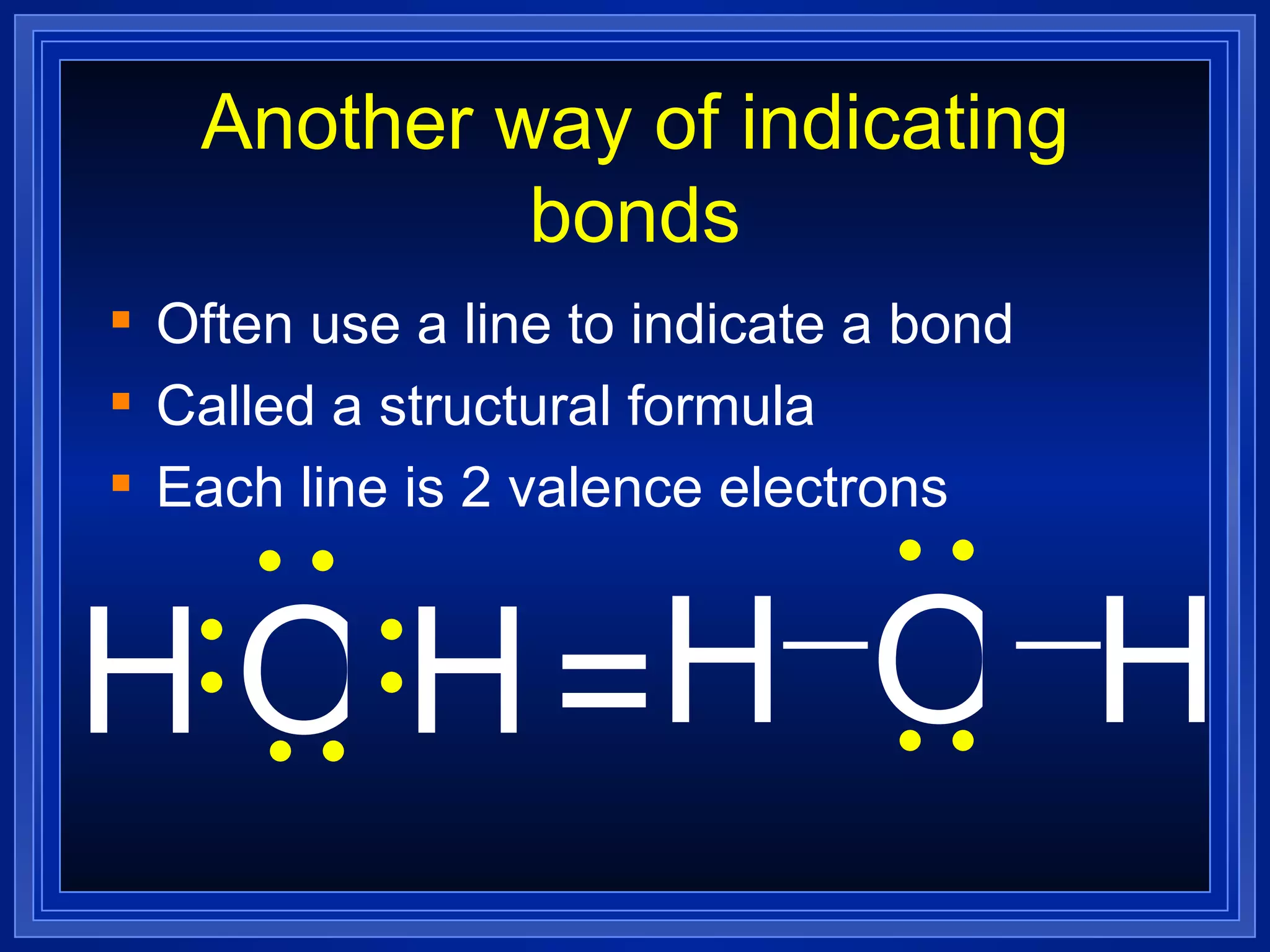 Another way of indicating bonds Often use a line to indicate a bond Called a structural formula Each line is 2 valence electrons H H O = H H O 