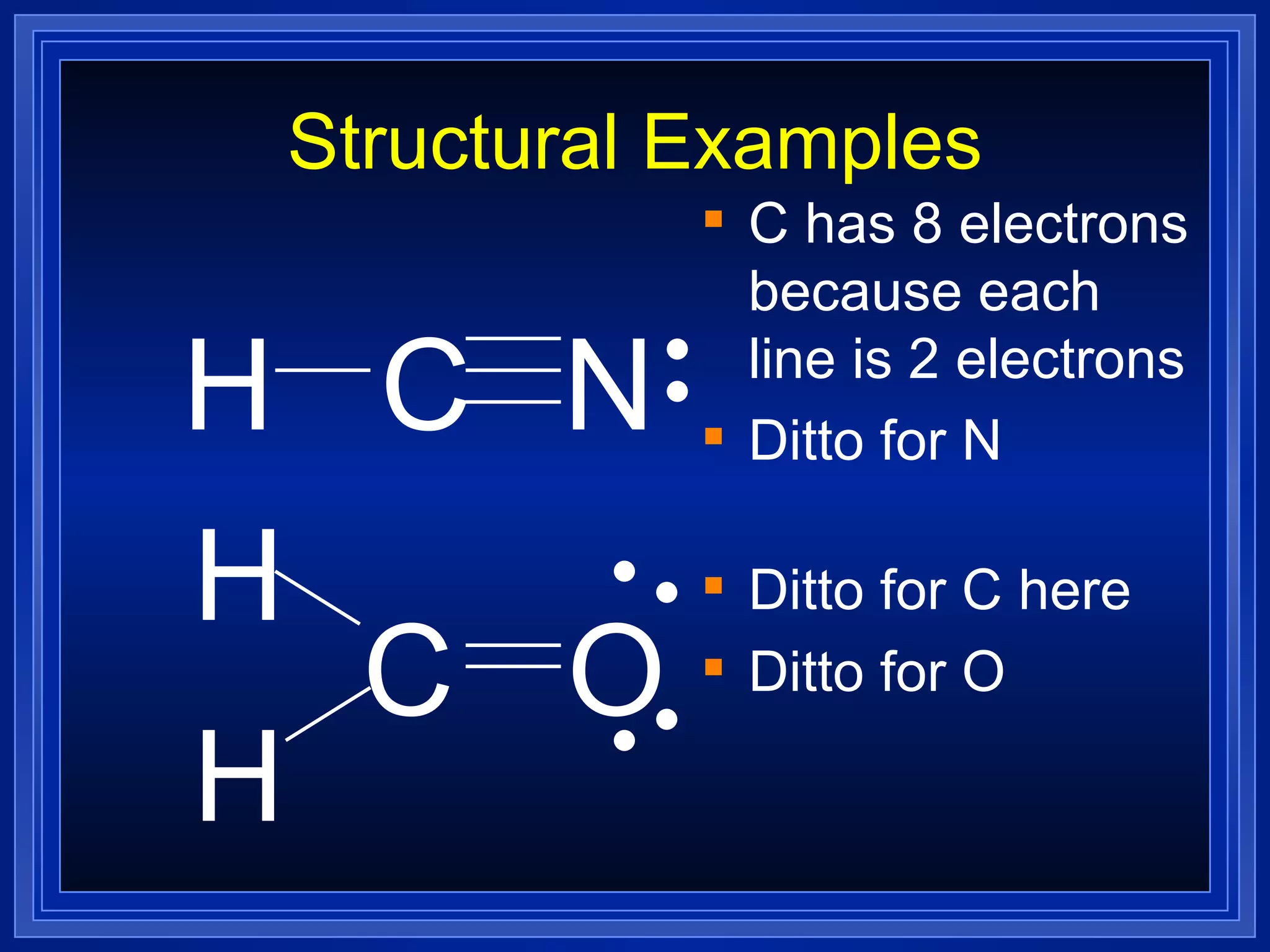 Structural Examples C has 8 electrons because each line is 2 electrons Ditto for N Ditto for C here Ditto for O H   C N C  O H H 