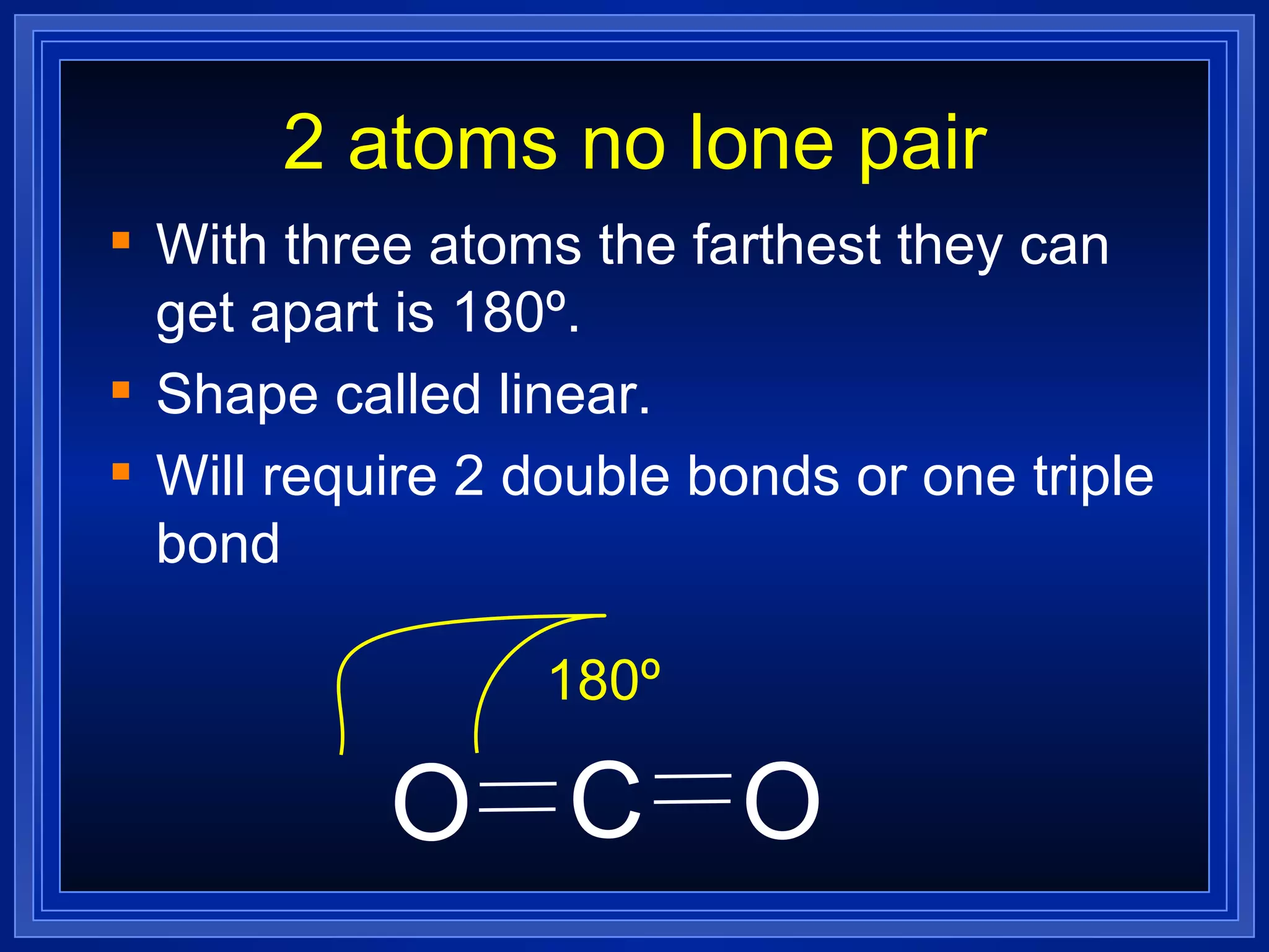 2 atoms no lone pair With three atoms the farthest they can get apart is 180º. Shape called linear. Will require 2 double bonds or one triple bond C O O 180º 