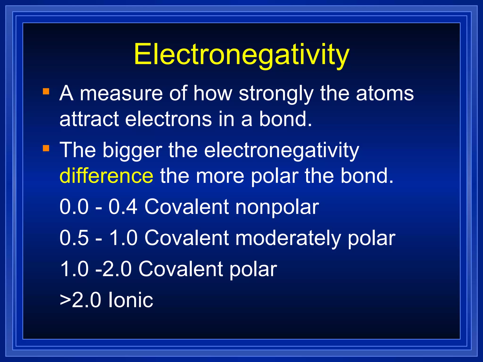 Electronegativity A measure of how strongly the atoms attract electrons in a bond. The bigger the electronegativity  difference  the more polar the bond. 0.0 - 0.4 Covalent nonpolar 0.5 - 1.0 Covalent moderately polar 1.0 -2.0 Covalent polar >2.0 Ionic 