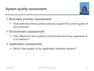 System quality assessment
 Business process assessment
 How well does the business process support the current goals of
the business?
 Environment assessment
 How effective is the system’s environment and how expensive is
it to maintain?
 Application assessment
 What is the quality of the application software system?
Chapter 9 Software Evolution 3130/10/2014
 