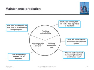 Maintenance prediction
Chapter 9 Software Evolution 45
30/10/2014
 