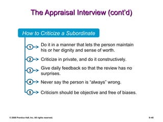 © 2008 Prentice Hall, Inc. All rights reserved. 9–40
The Appraisal Interview (cont’d)The Appraisal Interview (cont’d)
1
2
3
4
5
How to Criticize a Subordinate
Criticize in private, and do it constructively.
Do it in a manner that lets the person maintain
his or her dignity and sense of worth.
Give daily feedback so that the review has no
surprises.
Never say the person is “always” wrong.
Criticism should be objective and free of biases.
 