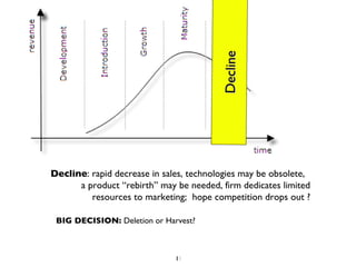 Decline : rapid decrease in sales, technologies may be obsolete,  a product “rebirth” may be needed, firm dedicates limited resources to marketing;  hope competition drops out ? Decline BIG DECISION:  Deletion or Harvest? 