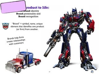 Bring the product to life: With  brand  identity Brand  personality and Brand  recognition “ Brand” = symbol, name, unique element that identifies one product (or firm) from another. Brands help firms create relationships with customers 