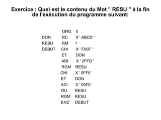 30
Exercice : Quel est le contenu du Mot " RESU " à la fin
de l'exécution du programme suivant:
ORG 0
DON RC X ' ABCD '
RESU RM 1
DEBUT CHI X ' F00F '
ET DON
ADI X ' 2FFD '
RGM RESU
CHI X ' 0FF0 '
ET DON
ADI X ' 00F0 '
OU RESU
RGM RESU
END DEBUT
 
