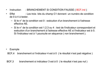 34
• Instruction : BRANCHEMENT SI CONDITION FAUSSE ( BCF,ind )
• Effet : Les trois bits du champ C1 donnent un numéro de condition
de 0 à 4 à tester.
– Si le n° de la condition est 0 : exécution d'un branchement à l'adresse
effective AE.
– Si le n° de la condition est 1.2.3 ou 4 : test de l'indicateur correspondant et
exécution d'un branchement à l'adresse effective AE si l'indicateur est à 0.
Si l'indicateur est à 1 poursuite en séquence ( non branchement ).
• Exemple
BCF,4 branchement si l’indicateur 4 est à 0 ( le résultat n’est pad négative )
BCF,3 branchement si indicateur 3 est à 0 ( le résultat n’est pas nul )
 