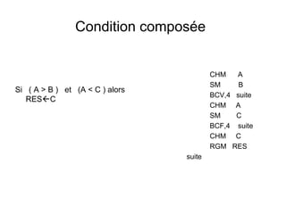 38
Condition composée
Si ( A > B ) et (A < C ) alors
RESC
CHM A
SM B
BCV,4 suite
CHM A
SM C
BCF,4 suite
CHM C
RGM RES
suite
 