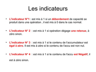 4
Les indicateurs
• L'indicateur N°1 : est mis à 1 si un débordement de capacité se
produit dans une opération , il est mis à 0 dans le cas normal.
• L'indicateur N° 2 : est mis à 1 si opération dégage une retenue, à
zéro sinon.
• L'indicateur N° 3 : est mis à 1 si le contenu de l‘accumulateur est
égal à zéro. Il est mis à zéro si le contenu de l'accu est non nul.
• L'indicateur N° 4 : est mis à 1 si le contenu de l'accu est Négatif, il
est à zéro sinon.
 