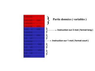 Partie données ( variables )
}
1000000111111111
1000000111000111
1000000111111111
1000000111000111
1000110111000111
1000000111111111
1000000111000111
1001100111111111
1000000111111111
1000000111100011
1001100111111111
1000000111100011
1001100111111111
1000011111111111
}
}
}
}
Instruction sur 2 mot ( format long )
Instruction sur 1 mot ( format court )
 