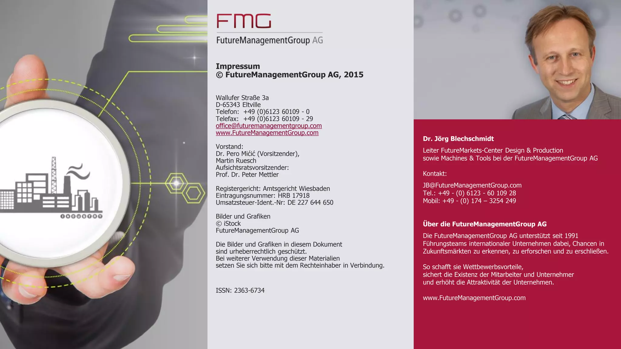 Quellen
32
21
Bundesministerium für Bildung und Forschung
(2014): Zukunftsprojekt Industrie 4.0, Link,
Veröffentlichungsdatum: 18.08.2014,
Abrufdatum: 29.01.2015
24
Tauber, Andre (2015): Bosch braucht
simsende Backofen zum Überleben, Link,
Veröffentlichungsdatum: 30.01.2015,
Abrufdatum: 30.01.2015
25
Industrial Internet Consortium - ICC (2015):
Website der Initiative, Link,
Veröffentlichungsdatum: 2015, Abrufdatum:
30.01.2015
26
Deutsche Bank Research (2014): Industrie 4.0.
Upgrade des Industriestandorts Deutschland
steht bevor, Frankfurt am Main (Link)
27
Matzer, Michael (2013): Erfolge im Kampf
gegen Cyberangriffe, Link, Veröffentlichungs-
datum: 18.10.2013, Abrufdatum: 30.01.2015
28
BITKOM und Fraunhofer IAO (2014): Industrie
4.0 - Volkswirtschaftliches Potenzial für
Deutschland, Berlin (Link)
29
FutureManagementGroup AG (2015): Die
digitale Jobvernichtung. Wovon wir morgen
leben werden, wenn intelligente Maschinen und
Algorithmen unsere Arbeit machen. Market
Foresights 1/2015, Eltville (Link)
30
Achtenhagen, Claudia; Zeller, Beate (2011):
Zukünftige Qualitätsanforderungen im "Internet
der Dinge" in der industriellen Produktion, in:
FreQueNz Zusammenfassung Internet der Dinge
in der industriellen Produktion, Nürnberg/
Villingen-Schwenningen (Link)
31
Ingenics AG und Fraunhofer IAO (2014):
Industrie 4.0 – Eine Revolution der
Arbeitsgestaltung. Wie Automatisierung und
Digitalisierung unsere Produktion verändern
werden, Ulm (Link)
32
Bullinger-Hoffmann, Angelika C. (2014):
Industrie 4.0: Wenn neue Technologie auf
bewährte Mitarbeiter trifft, Dresden/Chemnitz
(Link)
33
Baumann AG (2014): Industrie 4.0 setzt
Revolution im HR-Management voraus, Link,
Veröffentlichungsdatum: 25.06.2014,
Abrufdatum: 03.02.2015
34
Industrieanzeiger.de (2013): Auf dem Weg in
eine neue Fertigungswelt, Link,
Veröffentlichungsdatum: 09.12.2013,
Abrufdatum: 09.02.2015
35
Bundesministerium für Wirtschaft und Energie
(2014): Monitoring-Report Digitale Wirtschaft
2014. Innovationstreiber IKT, Berlin (Link)
36
Arbeitskreis Smart Service Welt (2014): Smart
Service Welt. Umsetzungsempfehlungen für das
Zukunftsprojekt Internetbasierte Dienste für die
Wirtschaft. Innovationstreiber IKT, Berlin (Link)
 