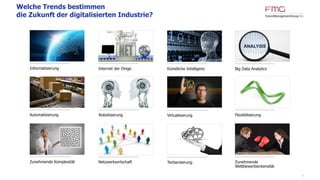7
Welche Trends bestimmen
die Zukunft der digitalisierten Industrie?
Robotisierung FlexibilisierungAutomatisierung
Informatisierung Internet der Dinge Künstliche Intelligenz Big Data Analytics
Virtualisierung
Netzwerkwirtschaft Zunehmende
Wettbewerbsintensität
Zunehmende Komplexität Tertiarisierung
 