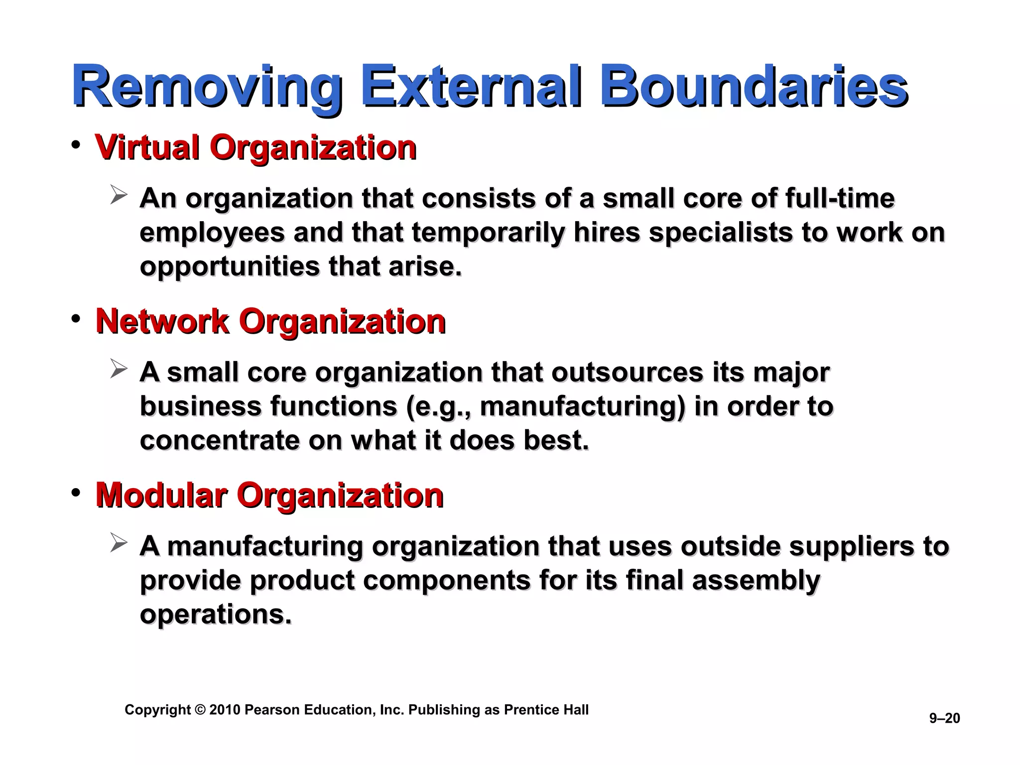 Removing External Boundaries
• Virtual Organization
   An organization that consists of a small core of full-time
    employees and that temporarily hires specialists to work on
    opportunities that arise.
• Network Organization
   A small core organization that outsources its major
    business functions (e.g., manufacturing) in order to
    concentrate on what it does best.
• Modular Organization
   A manufacturing organization that uses outside suppliers to
    provide product components for its final assembly
    operations.


   Copyright © 2010 Pearson Education, Inc. Publishing as Prentice Hall
                                                                          9–20
 