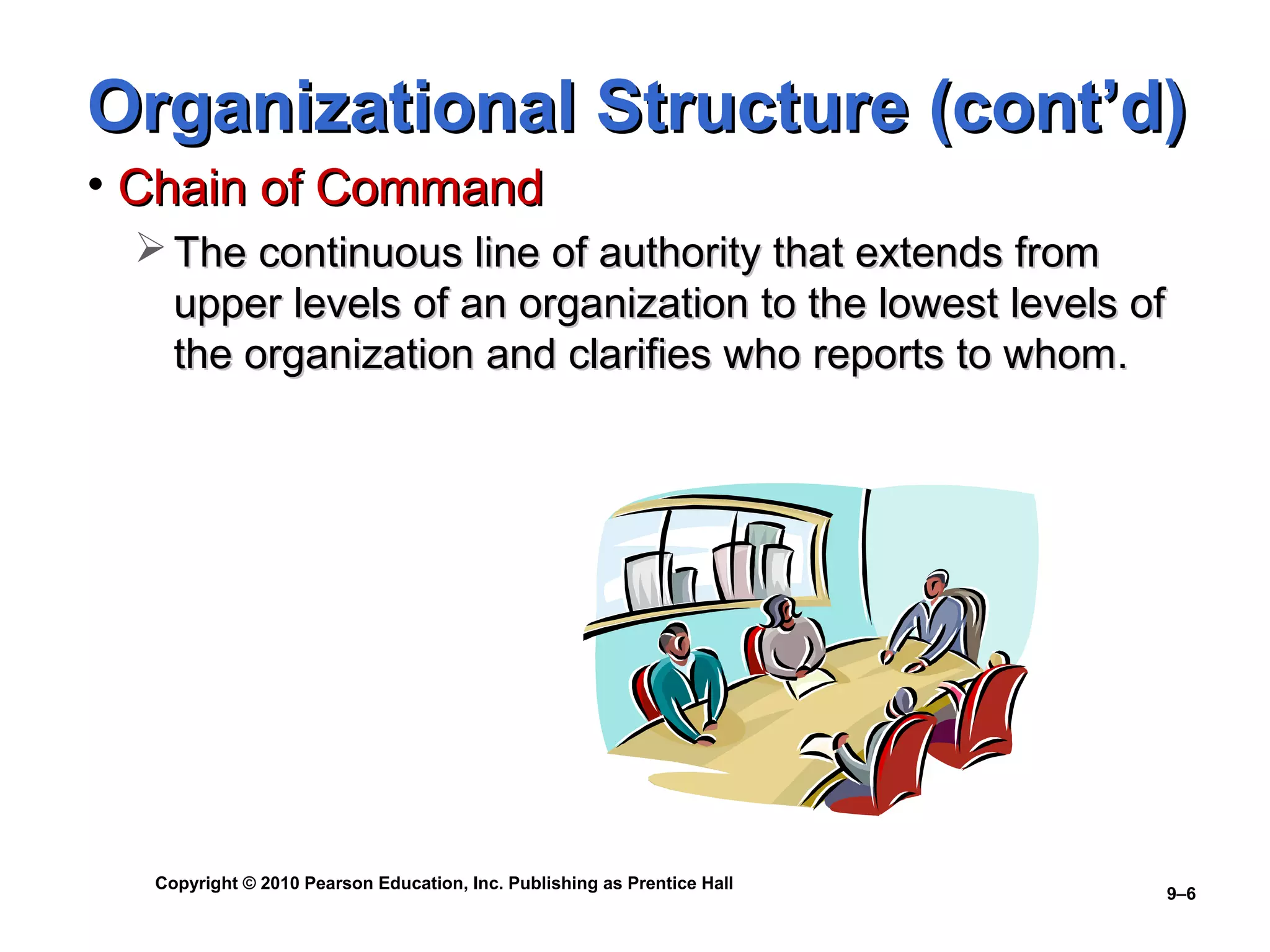 Organizational Structure (cont’d)
• Chain of Command
  The continuous line of authority that extends from
   upper levels of an organization to the lowest levels of
   the organization and clarifies who reports to whom.




  Copyright © 2010 Pearson Education, Inc. Publishing as Prentice Hall
                                                                         9–6
 