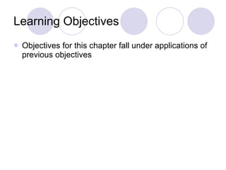 Learning Objectives Objectives for this chapter fall under applications of previous objectives 