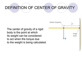 DEFINITION OF CENTER OF GRAVITY The center of gravity of a rigid  body is the point at which its weight can be considered  to act when the torque due to the weight is being calculated. 