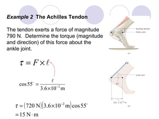 Example 2  The Achilles Tendon The tendon exerts a force of magnitude 790 N.  Determine the torque (magnitude and direction) of this force about the  ankle joint. 