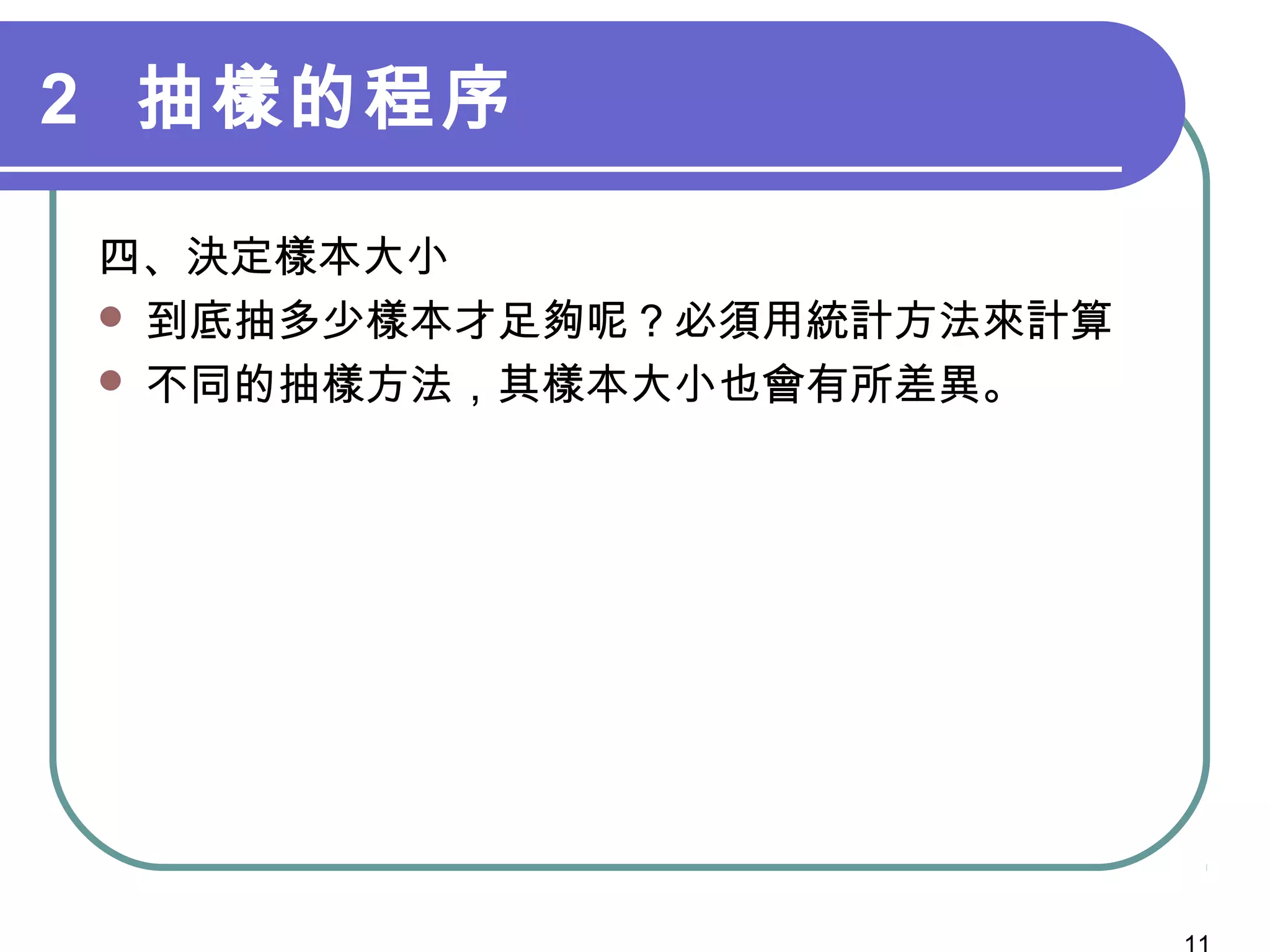 2 抽樣的程序
四、決定樣本大小
 到底抽多少樣本才足夠呢？必須用統計方法來計算
 不同的抽樣方法，其樣本大小也會有所差異。
 