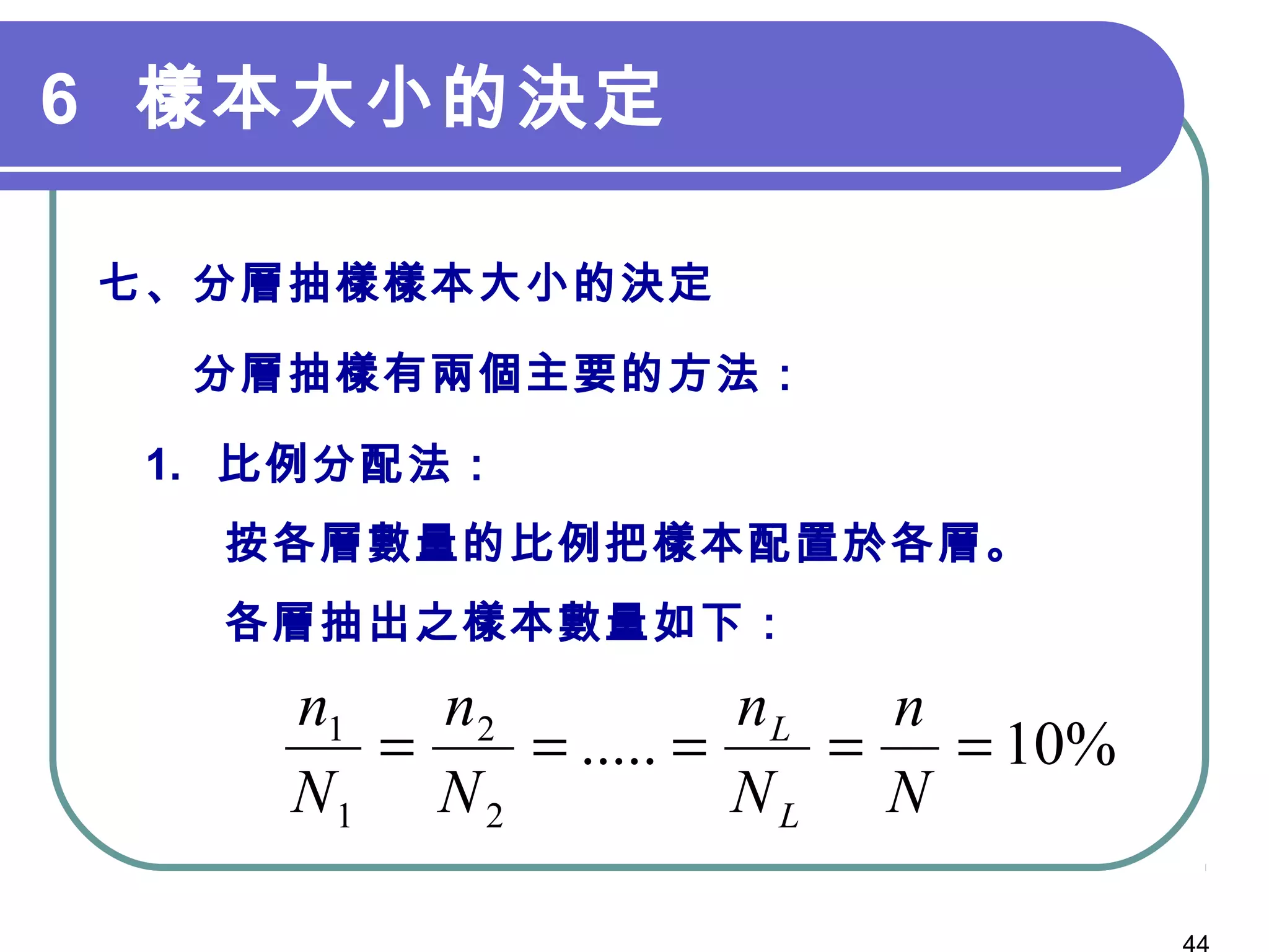 6 樣本大小的決定
七、分層抽樣樣本大小的決定
　　分層抽樣有兩個主要的方法：
1. 比例分配法：
按各層數量的比例把樣本配置於各層。
各層抽出之樣本數量如下：
　 %10.....
2
2
1
1
=====
N
n
N
n
N
n
N
n
L
L
 