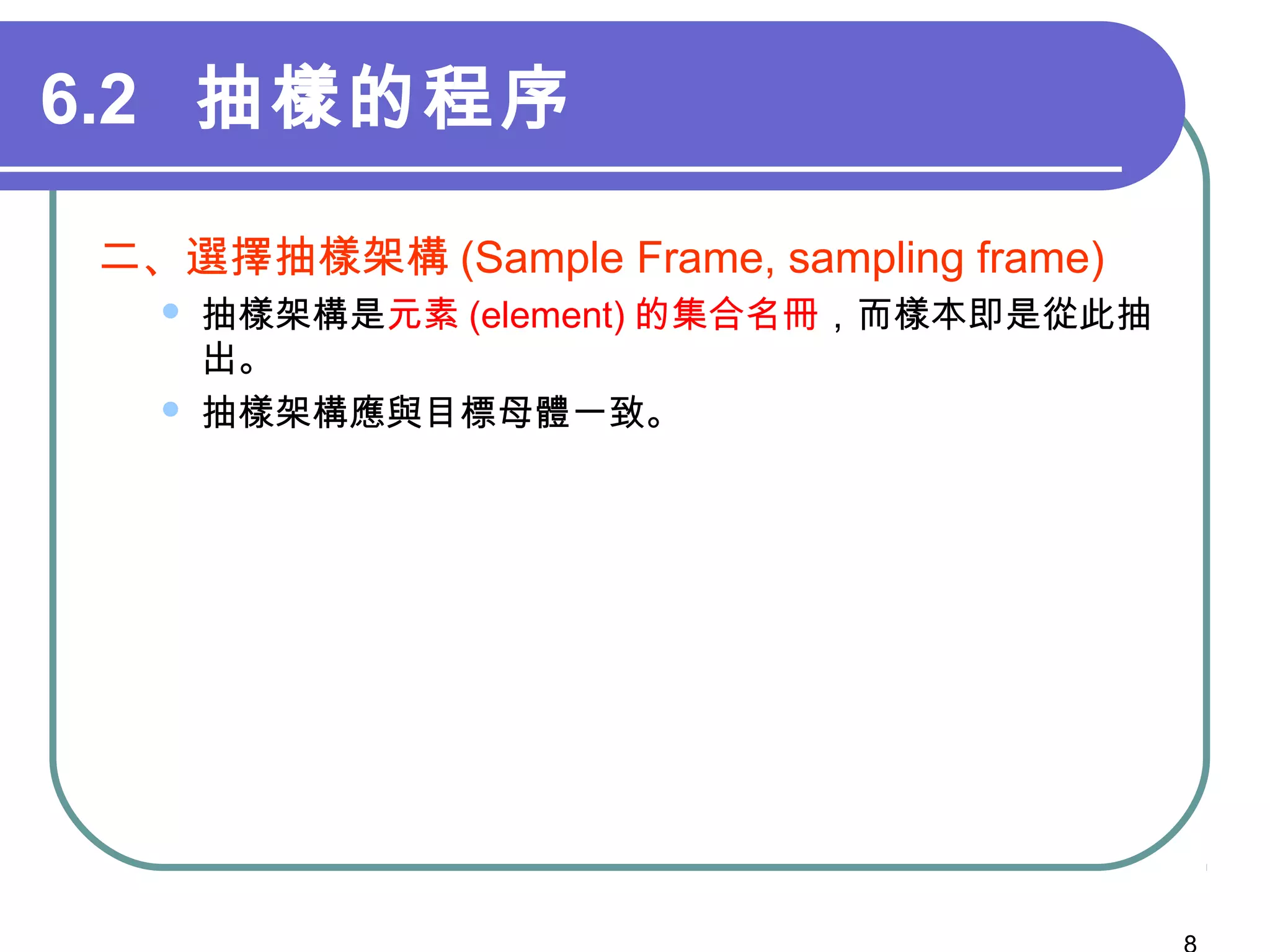6.2 抽樣的程序
二、選擇抽樣架構 (Sample Frame, sampling frame)
 抽樣架構是元素 (element) 的集合名冊，而樣本即是從此抽
出。
 抽樣架構應與目標母體一致。
 