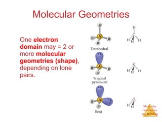 Molecular Geometries One  electron domain  may = 2 or more  molecular geometries (shape) , depending on lone pairs. 