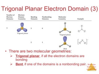 Trigonal Planar Electron Domain (3) There are two molecular geometries: Trigonal planar , if all the electron domains are bonding Bent ,  if one of the domains is a nonbonding pair. 