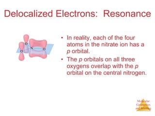 Delocalized Electrons:  Resonance In reality, each of the four atoms in the nitrate ion has a  p  orbital. The  p  orbitals on all three oxygens overlap with the  p  orbital on the central nitrogen. 