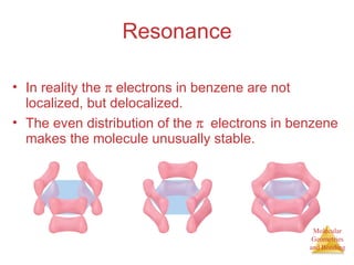 Resonance In reality the    electrons in benzene are not localized, but delocalized. The even distribution of the    electrons in benzene makes the molecule unusually stable. 