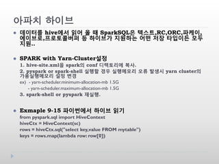 아파치 하이브
 데이터를 hive에서 읽어 올 때 SparkSQL은 텍스트,RC,ORC,파케이,
에이브로,프로토콜버퍼 등 하이브가 지원하는 어떤 저장 타입이든 모두
지원..
 SPARK with Yarn-Cluster설정
1. hive-site.xml을 spark의 conf 디렉토리에 복사.
2. pyspark or spark-shell 실행할 경우 실행메모리 오류 발생시 yarn cluster의
가용실행메모리 설정 변경
ex) - yarn-scheduler.minimum-allocation-mb 1.5G
- yarn-scheduler.maximum-allocation-mb 1.5G
3. spark-shell or pyspark 재실행.
 Exmaple 9-15 파이썬에서 하이브 읽기
from pyspark.sql import HiveContext
hiveCtx = HiveContext(sc)
rows = hiveCtx.sql("select key,value FROM mytable")
keys = rows.map(lambda row: row[0])
 