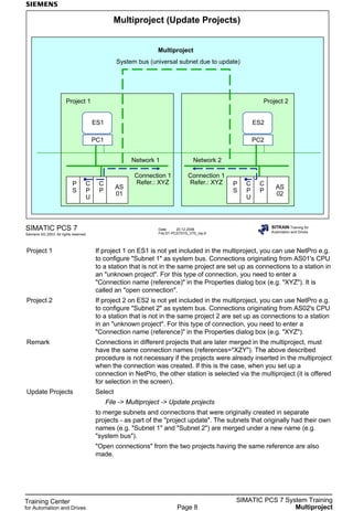 Training Center
for Automation and Drives
SIMATIC PCS 7 System Training
MultiprojectPage 8
Date: 20.12.2006
File:ST-PCS7SYS_V70_mp.8
SIMATIC PCS 7
Siemens AG 2003. All rights reserved.
SITRAIN Training for
Automation and Drives
Multiproject (Update Projects)
PC1
ES1
AS
01
C
P
U
C
P
P
S
AS
02
C
P
U
C
P
P
S
PC2
ES2
Multiproject
Project 1 Project 2
Network 1 Network 2
System bus (universal subnet due to update)
Connection 1
Refer.: XYZ
Connection 1
Refer.: XYZ
Project 1 If project 1 on ES1 is not yet included in the multiproject, you can use NetPro e.g.
to configure "Subnet 1" as system bus. Connections originating from AS01's CPU
to a station that is not in the same project are set up as connections to a station in
an "unknown project". For this type of connection, you need to enter a
"Connection name (reference)" in the Properties dialog box (e.g. "XYZ"). It is
called an "open connection".
Project 2 If project 2 on ES2 is not yet included in the multiproject, you can use NetPro e.g.
to configure "Subnet 2" as system bus. Connections originating from AS02's CPU
to a station that is not in the same project 2 are set up as connections to a station
in an "unknown project". For this type of connection, you need to enter a
"Connection name (reference)" in the Properties dialog box (e.g. "XYZ").
Remark Connections in different projects that are later merged in the multiproject, must
have the same connection names (references="XZY"). The above described
procedure is not necessary if the projects were already inserted in the multiproject
when the connection was created. If this is the case, when you set up a
connection in NetPro, the other station is selected via the multiproject (it is offered
for selection in the screen).
Update Projects Select
File -> Multiproject -> Update projects
to merge subnets and connections that were originally created in separate
projects - as part of the "project update". The subnets that originally had their own
names (e.g. "Subnet 1" and "Subnet 2") are merged under a new name (e.g.
"system bus").
"Open connections" from the two projects having the same reference are also
made.
 