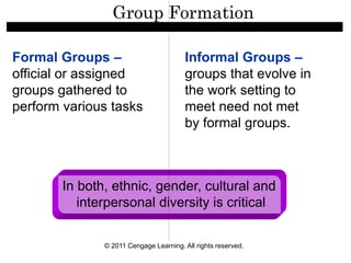 © 2011 Cengage Learning. All rights reserved.
Group Formation
Formal Groups –
official or assigned
groups gathered to
perform various tasks
Informal Groups –
groups that evolve in
the work setting to
meet need not met
by formal groups.
In both, ethnic, gender, cultural and
interpersonal diversity is critical
 