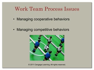 © 2011 Cengage Learning. All rights reserved.
Work Team Process Issues
• Managing cooperative behaviors
• Managing competitive behaviors
 