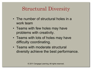 © 2011 Cengage Learning. All rights reserved.
Structural Diversity
• The number of structural holes in a
work team
• Teams with few holes may have
problems with creativity.
• Teams with lots of holes may have
difficulty coordinating.
• Teams with moderate structural
diversity achieve the best performance.
 