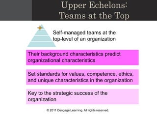 © 2011 Cengage Learning. All rights reserved.
Upper Echelons:
Teams at the Top
Self-managed teams at the
top-level of an organization
Key to the strategic success of the
organization
Their background characteristics predict
organizational characteristics
Set standards for values, competence, ethics,
and unique characteristics in the organization
 
