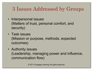 © 2011 Cengage Learning. All rights reserved.
3 Issues Addressed by Groups
• Interpersonal issues
(Matters of trust, personal comfort, and
security)
• Task issues
(Mission or purpose, methods, expected
outcomes)
• Authority issues
(Leadership, managing power and influence,
communication flow)
 