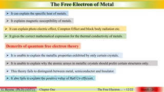  It gives the correct mathematical expression for the thermal conductivity of metals.
The Free Electron of Metal
G. Beyene (Ph.D) (ASTU) Chapter One The Free Electron… - 12/22 March - 2022
 It can explain the specific heat of metals.
 It explains magnetic susceptibility of metals.
 It can explain photo electric effect, Compton Effect and block body radiation etc.
 It is unable to explain the metallic properties exhibited by only certain crystals.
Demerits of quantum free electron theory
 It is unable to explain why the atomic arrays in metallic crystals should prefer certain structures only.
 This theory fails to distinguish between metal, semiconductor and Insulator.
 It also fails to explain the positive value of Hall Co efficient.
 
