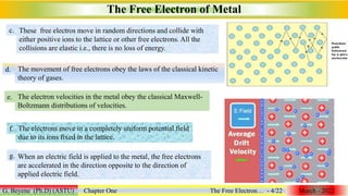 The Free Electron of Metal
G. Beyene (Ph.D) (ASTU) Chapter One The Free Electron… - 4/22 March - 2022
These free electros move in random directions and collide with
either positive ions to the lattice or other free electrons. All the
collisions are elastic i.e., there is no loss of energy.
c.
The movement of free electrons obey the laws of the classical kinetic
theory of gases.
d.
The electron velocities in the metal obey the classical Maxwell-
Boltzmann distributions of velocities.
e.
The electrons move in a completely uniform potential field
due to its ions fixed in the lattice.
f.
When an electric field is applied to the metal, the free electrons
are accelerated in the direction opposite to the direction of
applied electric field.
g.
 
