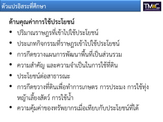 ตัวแปรอิสระที่ศึกษา

ด้านคุณค่าการใช้ประโยชน์
• ปริมาณราษฎรทีเข้าไปใช้ประโยชน์
• ประเภทกิจกรรมทีราษฎรเข้าไปใช้ประโยชน์
• การกีดขวางแผนการพัฒนาพื้นทีเป็นส่วนรวม
• ความส่าคัญ และความจ่าเป็นในการใช้ทีดิน
• ประโยชน์ต่อสาธารณะ
• การกีดขวางทีดินเพือท่าการเกษตร การประมง การใช้ทุ่ง
หญ้าเลี้ยงสัตว์ การใช้น้่า
• ความคุ้มค่าของทรัพยากรเมือเทียบกับประโยชน์ทีได้

 
