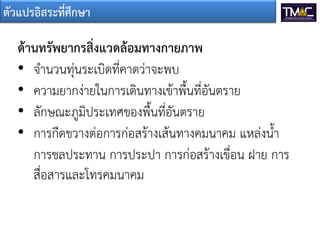 ตัวแปรอิสระที่ศึกษา

ด้านทรัพยากรสิ่งแวดล้อมทางกายภาพ
• จ่านวนทุ่นระเบิดทีคาดว่าจะพบ
• ความยากง่ายในการเดินทางเข้าพื้นทีอันตราย
• ลักษณะภูมิประเทศของพื้นทีอันตราย
• การกีดขวางต่อการก่อสร้างเส้นทางคมนาคม แหล่งน้่า
การชลประทาน การประปา การก่อสร้างเขือน ฝาย การ
สือสารและโทรคมนาคม

 