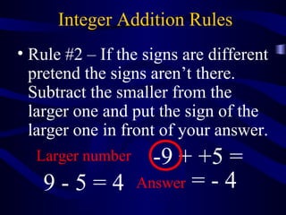 Integer Addition Rules 
• Rule #2 – If the signs are different 
pretend the signs aren’t there. 
Subtract the smaller from the 
larger one and put the sign of the 
larger one in front of your answer. 
-9 + +5 = 
Larger number 
9 - 5 = 4 
Answer = - 4 
 