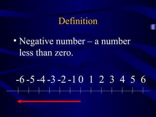 Definition 
• Negative number – a number 
less than zero. 
-6 -5 -4 -3 -2 -1 0 1 2 3 4 5 6 
 