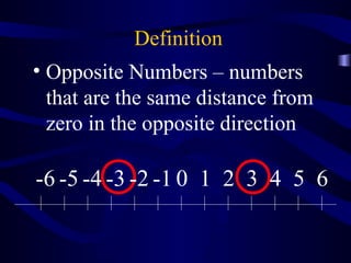 Definition 
• Opposite Numbers – numbers 
that are the same distance from 
zero in the opposite direction 
-6 -5 -4 -3 -2 -1 0 1 2 3 4 5 6 
 