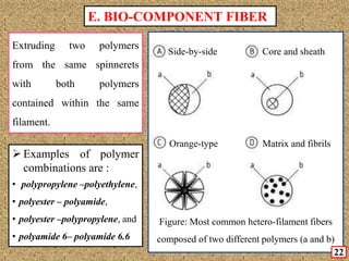 Figure: Most common hetero-filament fibers
composed of two different polymers (a and b)
Side-by-side Core and sheath
Orange-type Matrix and fibrils
E. BIO-COMPONENT FIBER
 Examples of polymer
combinations are :
• polypropylene –polyethylene,
• polyester – polyamide,
• polyester –polypropylene, and
• polyamide 6– polyamide 6.6
22
Extruding two polymers
from the same spinnerets
with both polymers
contained within the same
filament.
 